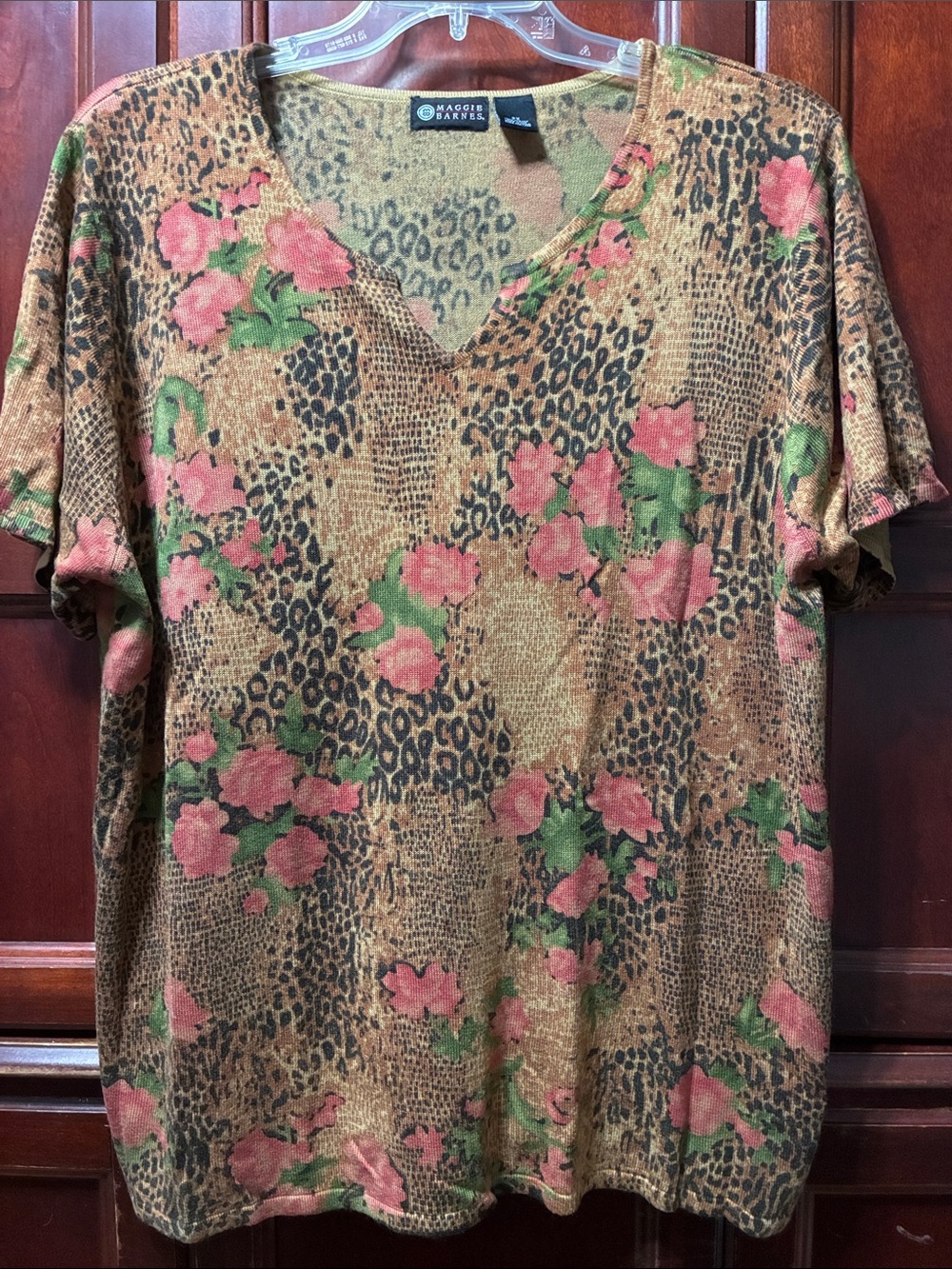 Vintage plus size Brown Floral & Animal Print V-Neck sweater Top